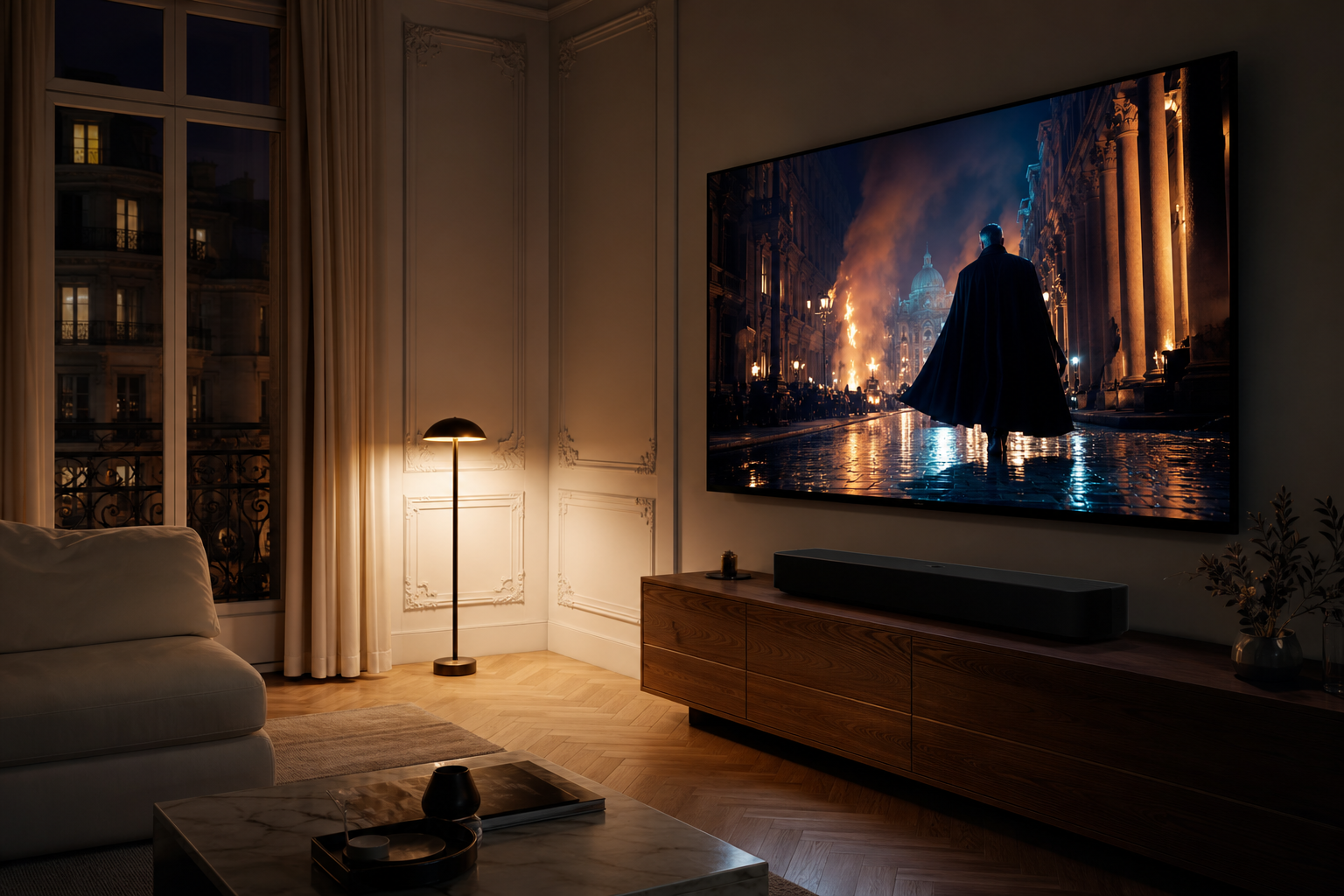 Salon français avec système home cinéma et barre de son